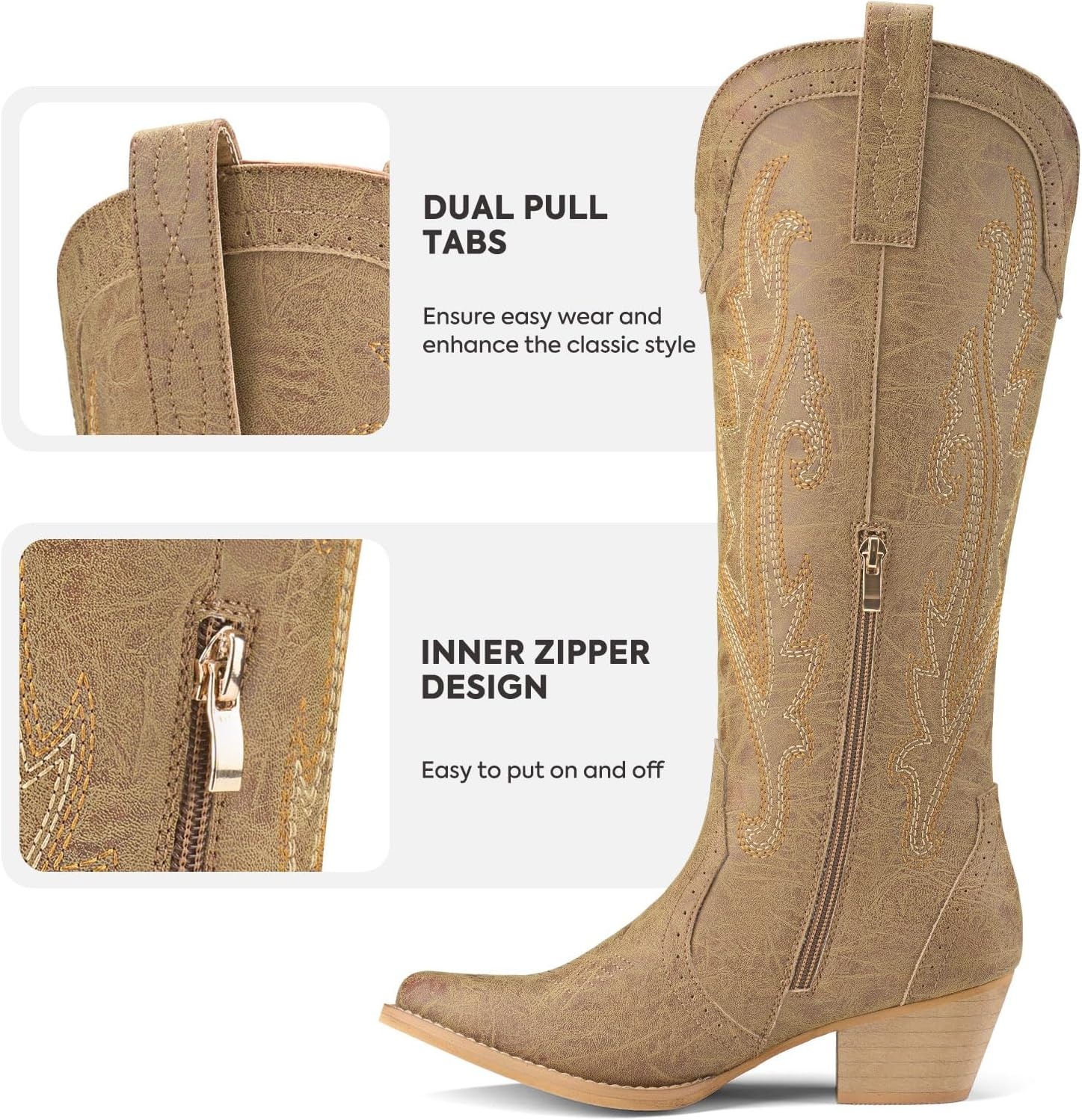 image:imageRollda Cowboy Boots for Women Cowgirl Boots Embroidered KneeHigh Western Boots Pointy Toe with Chunky HeelBrown