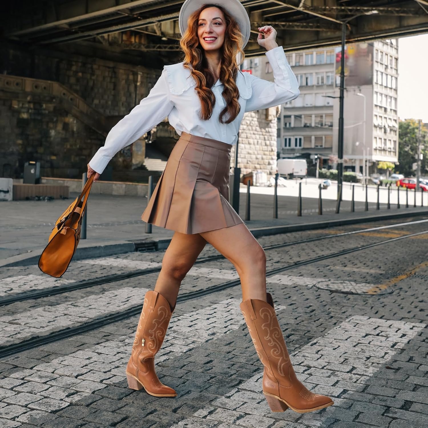 image:imageRollda Cowboy Boots for Women Cowgirl Boots Embroidered KneeHigh Western Boots Pointy Toe with Chunky HeelBrown WZipper
