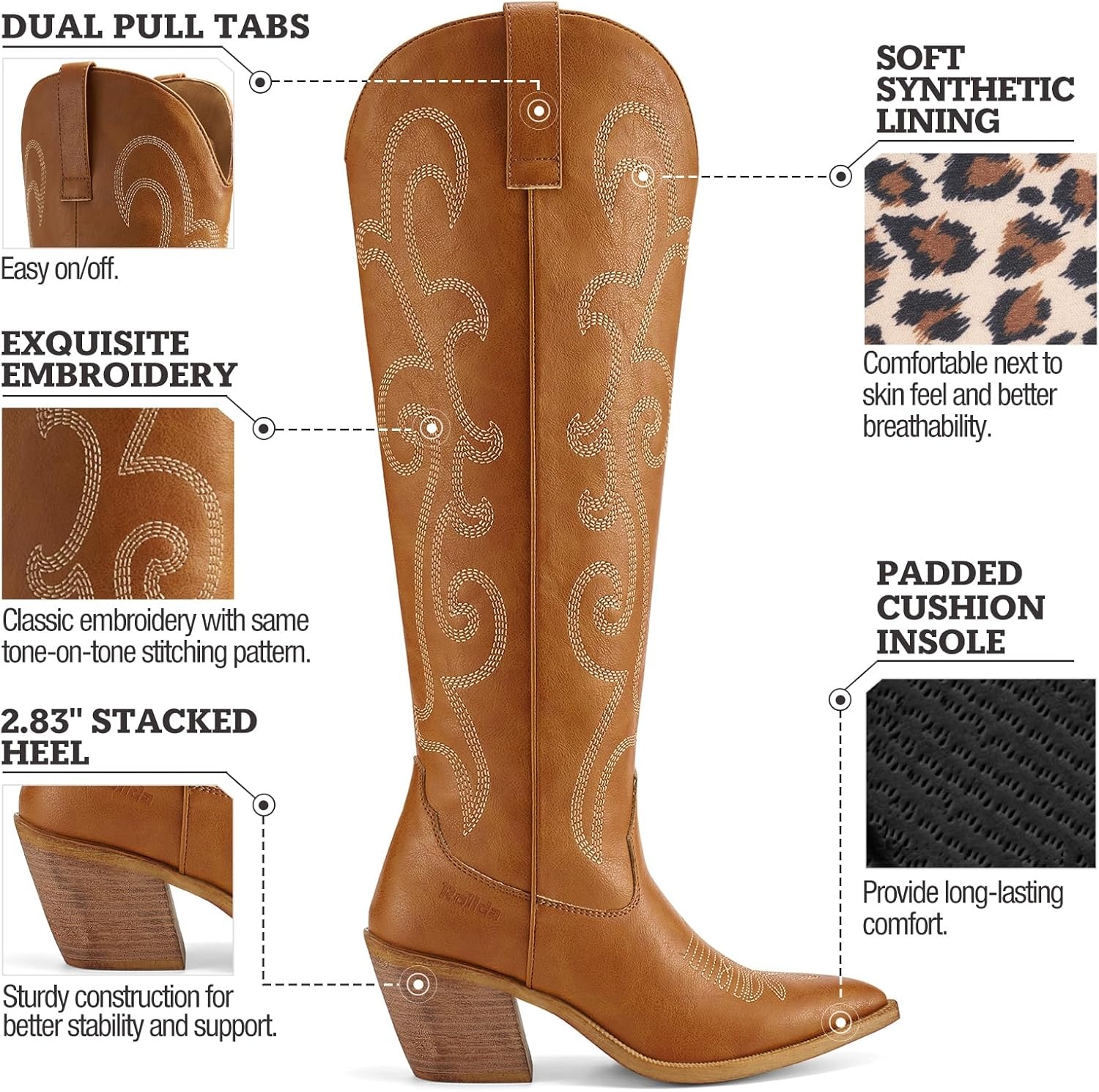 image:imageRollda Cowboy Boots for Women Cowgirl Boots Embroidered KneeHigh Western Boots Pointy Toe with Chunky HeelBrown WZipper