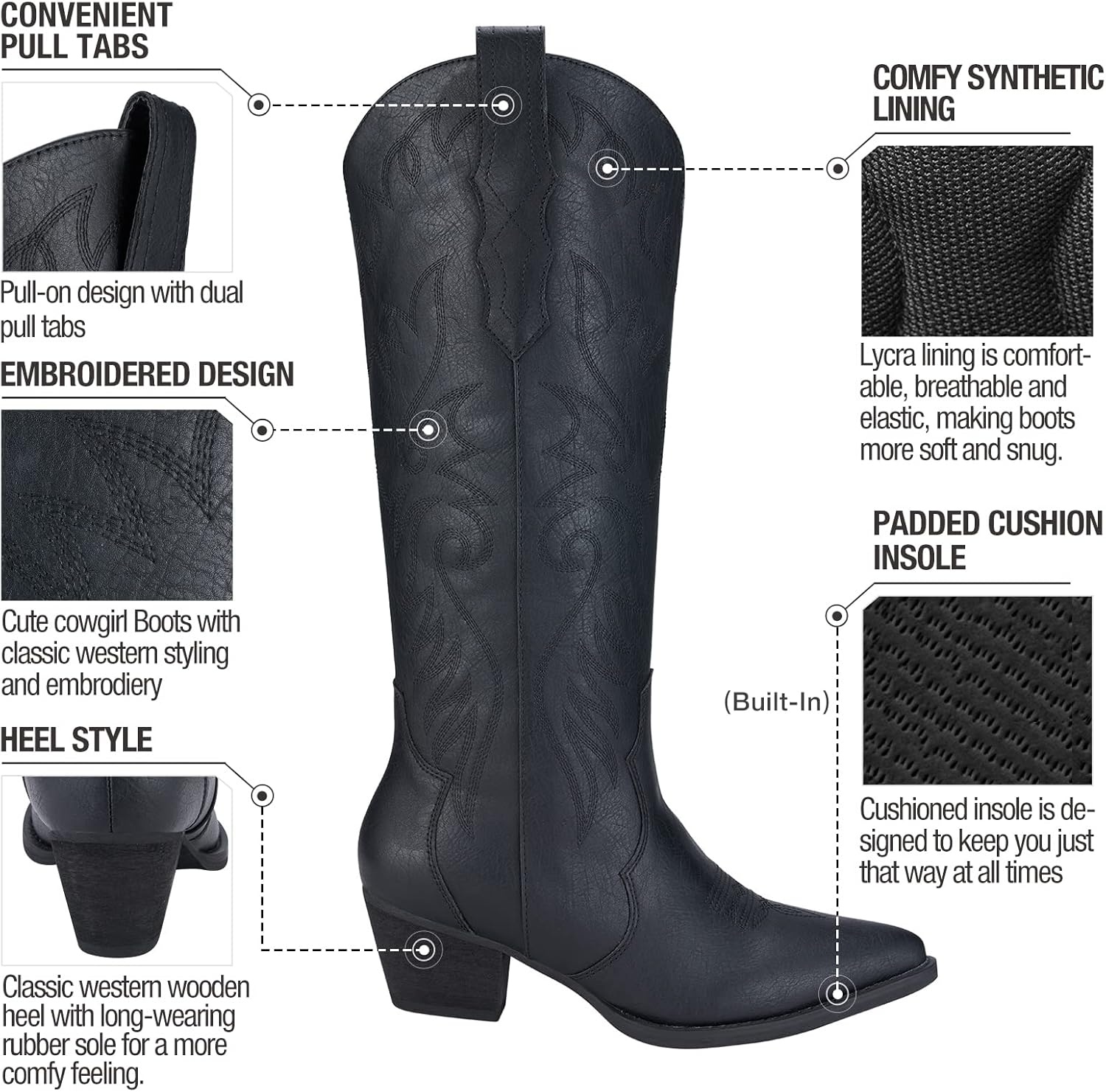 image:imageRollda Cowboy Boots for Women Cowgirl Boots Embroidered KneeHigh Western Boots Pointy Toe with Chunky HeelMatte Black
