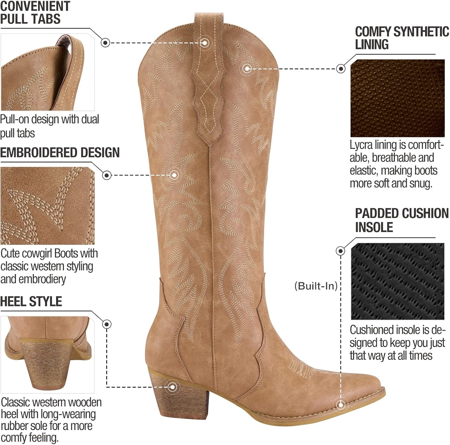 image:imageRollda Cowboy Boots for Women Cowgirl Boots Embroidered KneeHigh Western Boots Pointy Toe with Chunky HeelTan