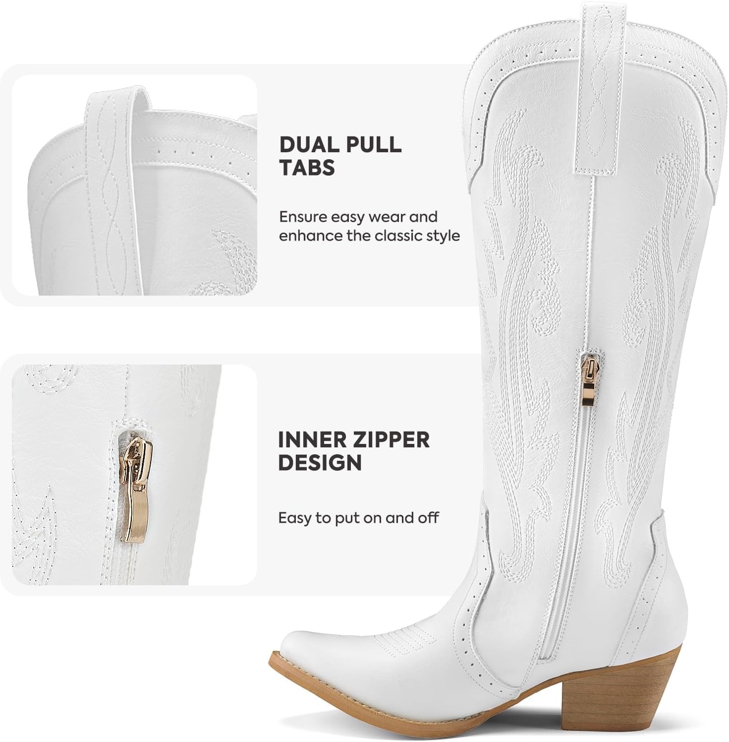image:imageRollda Cowboy Boots for Women Cowgirl Boots Embroidered KneeHigh Western Boots Pointy Toe with Chunky HeelWhite