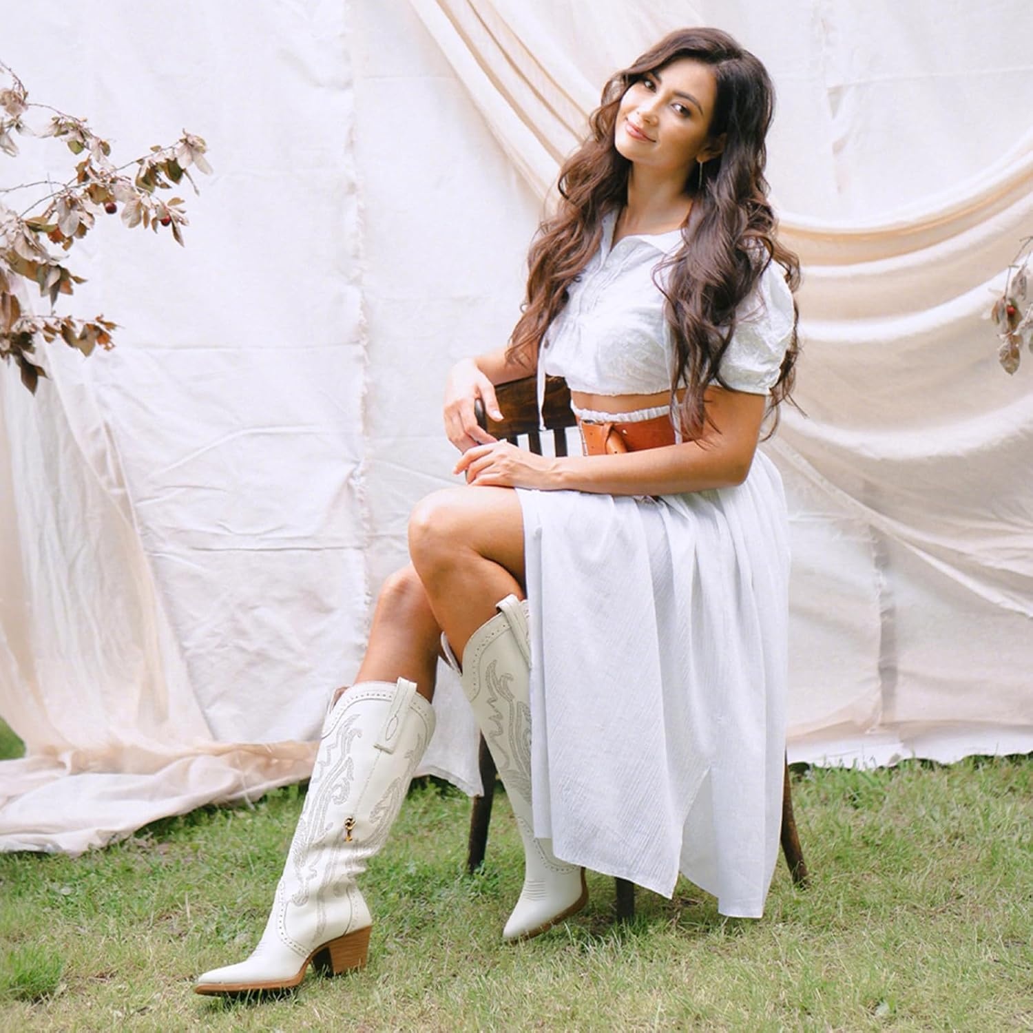 image:imageRollda Cowboy Boots for Women Cowgirl Boots Embroidered KneeHigh Western Boots Pointy Toe with Chunky HeelWhite