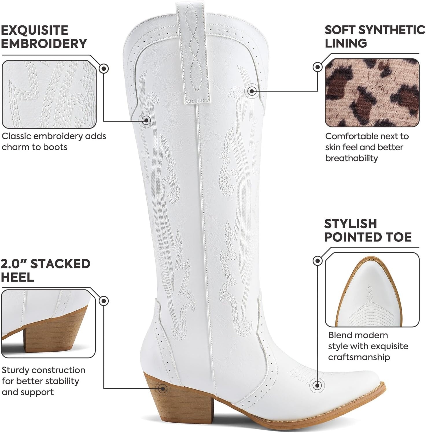 image:imageRollda Cowboy Boots for Women Cowgirl Boots Embroidered KneeHigh Western Boots Pointy Toe with Chunky HeelWhite
