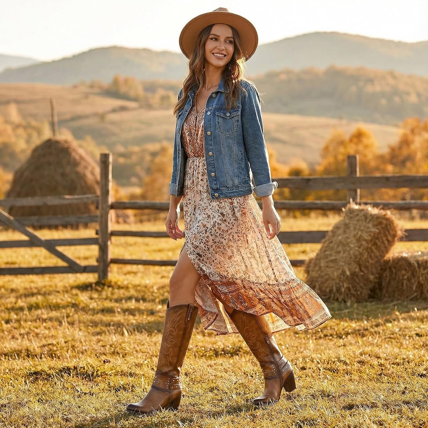 image:imageRollda Cowboy Boots for Women Cowgirl Boots Knee High Ladies Tall Western Boots Rounded Toe Chunky Heel Pull on Zipper for Country Concert Party Women BootsBrown 2