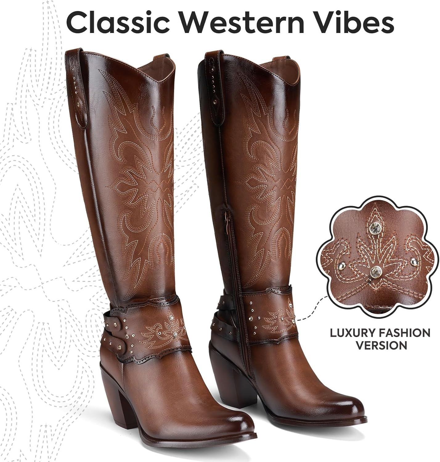 image:imageRollda Cowboy Boots for Women Cowgirl Boots Knee High Ladies Tall Western Boots Rounded Toe Chunky Heel Pull on Zipper for Country Concert Party Women BootsBrown 1