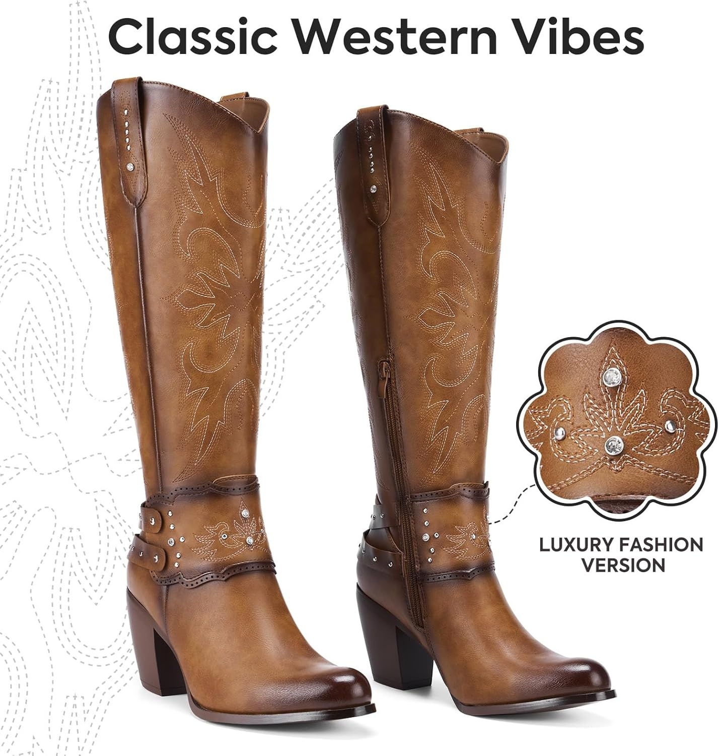 image:imageRollda Cowboy Boots for Women Cowgirl Boots Knee High Ladies Tall Western Boots Rounded Toe Chunky Heel Pull on Zipper for Country Concert Party Women BootsBrown 2
