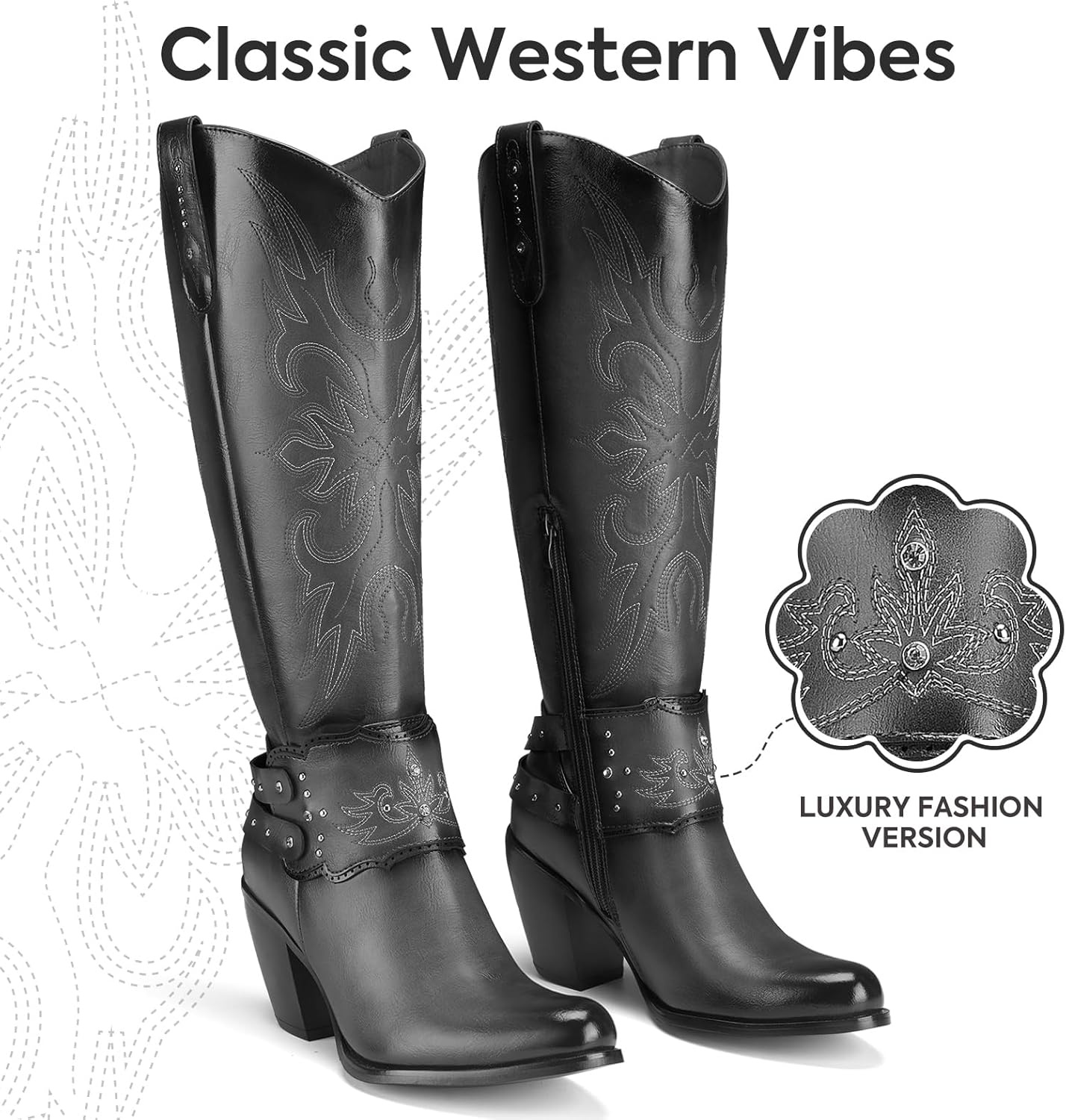 image:imageRollda Cowboy Boots for Women Cowgirl Boots Knee High Ladies Tall Western Boots Rounded Toe Chunky Heel Pull on Zipper for Country Concert Party Women BootsBlack