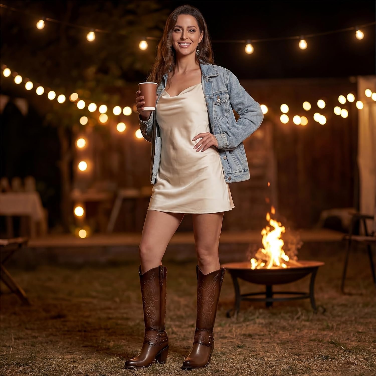 image:imageRollda Cowboy Boots for Women Cowgirl Boots Knee High Ladies Tall Western Boots Rounded Toe Chunky Heel Pull on Zipper for Country Concert Party Women BootsBrown 1