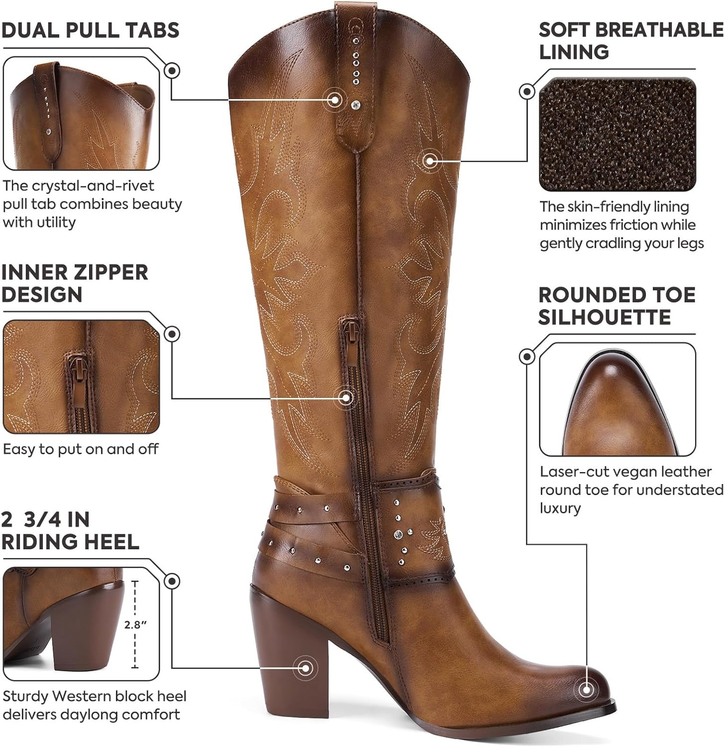 image:imageRollda Cowboy Boots for Women Cowgirl Boots Knee High Ladies Tall Western Boots Rounded Toe Chunky Heel Pull on Zipper for Country Concert Party Women BootsBrown 2