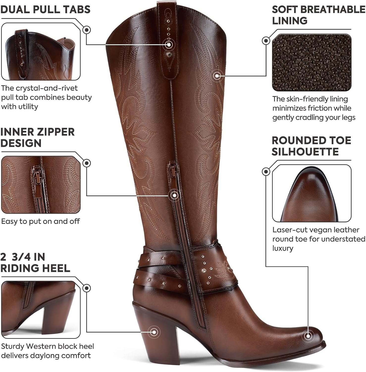 image:imageRollda Cowboy Boots for Women Cowgirl Boots Knee High Ladies Tall Western Boots Rounded Toe Chunky Heel Pull on Zipper for Country Concert Party Women BootsBrown 1