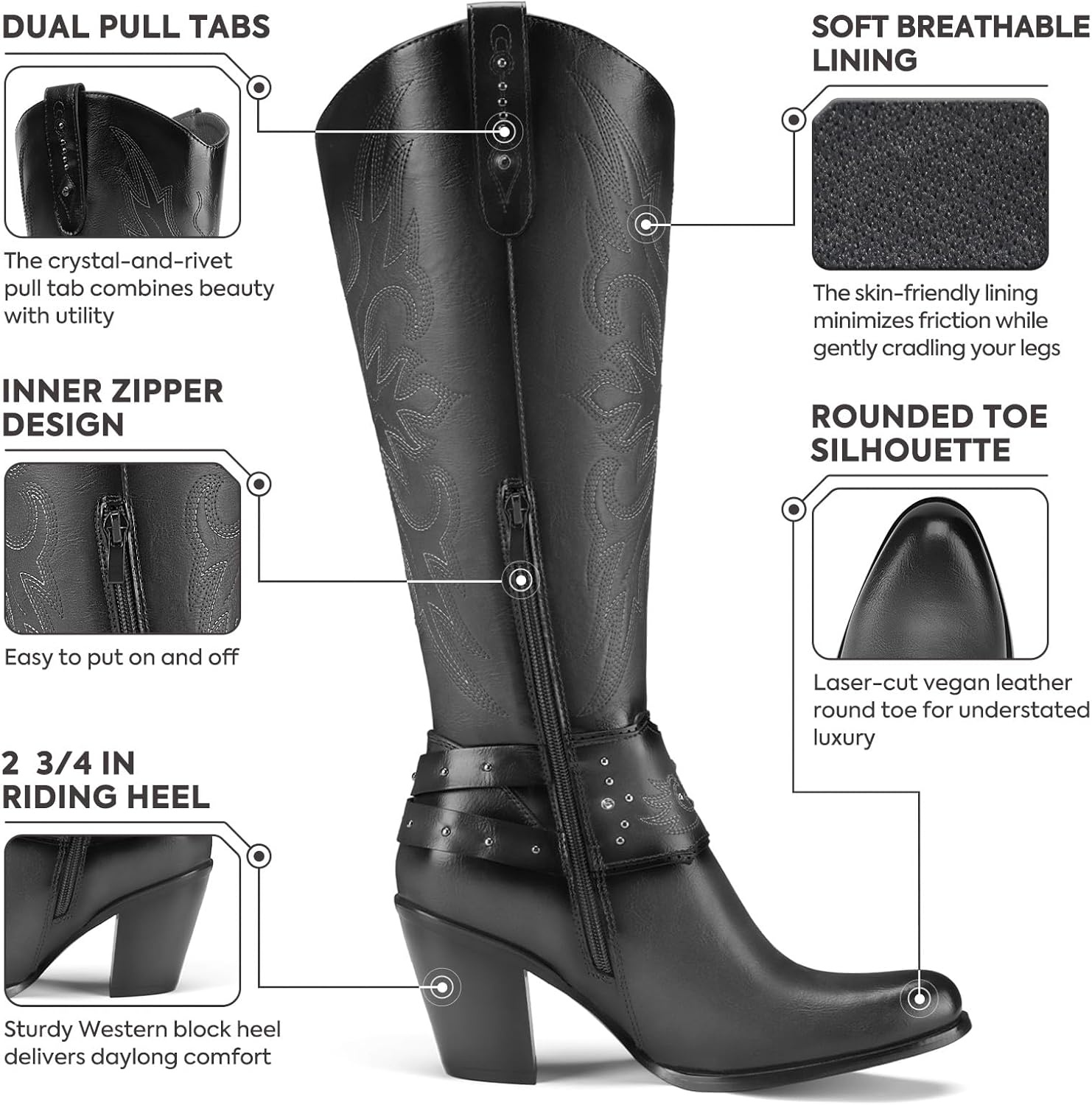 image:imageRollda Cowboy Boots for Women Cowgirl Boots Knee High Ladies Tall Western Boots Rounded Toe Chunky Heel Pull on Zipper for Country Concert Party Women BootsBlack