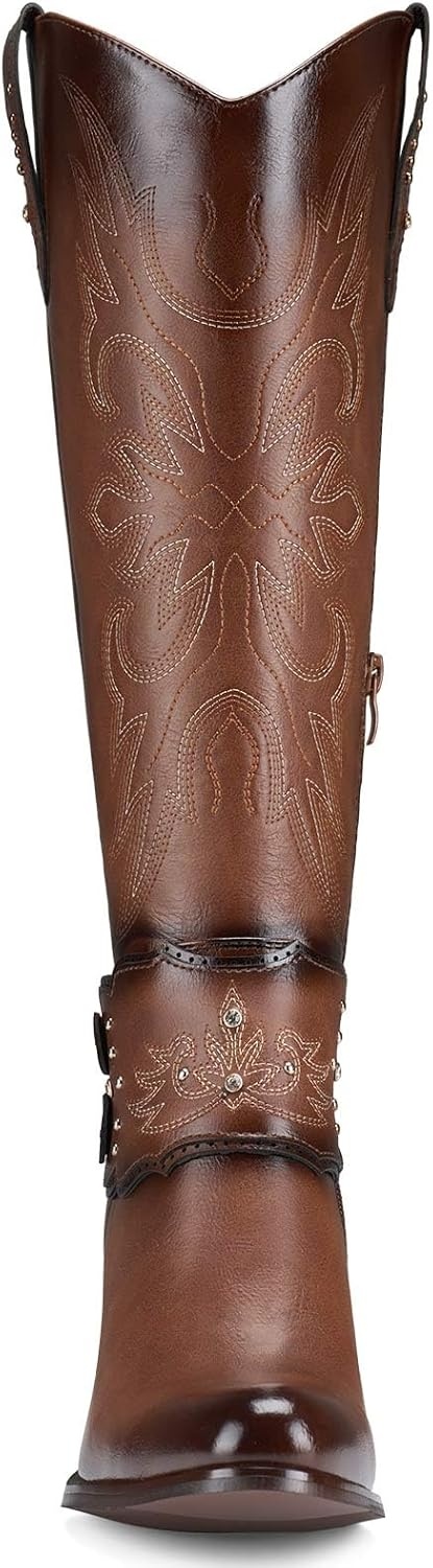 image:imageRollda Cowboy Boots for Women Cowgirl Boots Knee High Ladies Tall Western Boots Rounded Toe Chunky Heel Pull on Zipper for Country Concert Party Women BootsBrown 1
