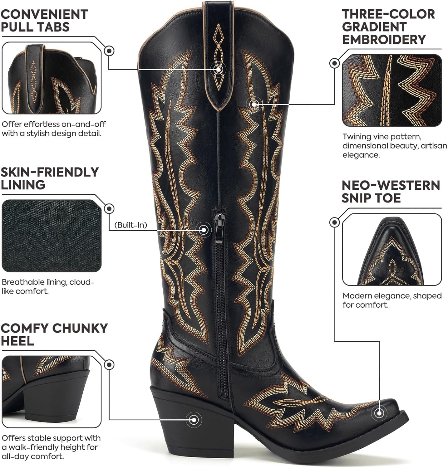 image:imageRollda Cowboy Boots for Women Knee High Cowgirl Boots Womens Classic Western Boots Snip Toe Tall Cowboy Boots Chunky Heel for Ladies Pull OnBlack