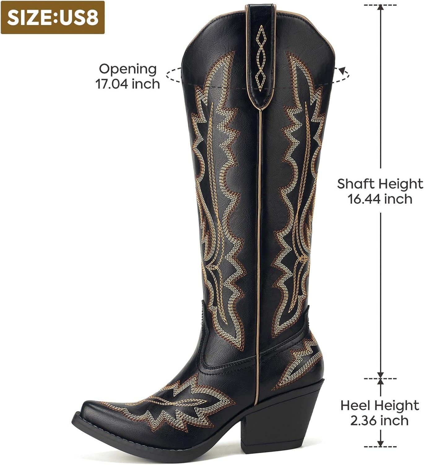 image:imageRollda Cowboy Boots for Women Knee High Cowgirl Boots Womens Classic Western Boots Snip Toe Tall Cowboy Boots Chunky Heel for Ladies Pull OnBlack