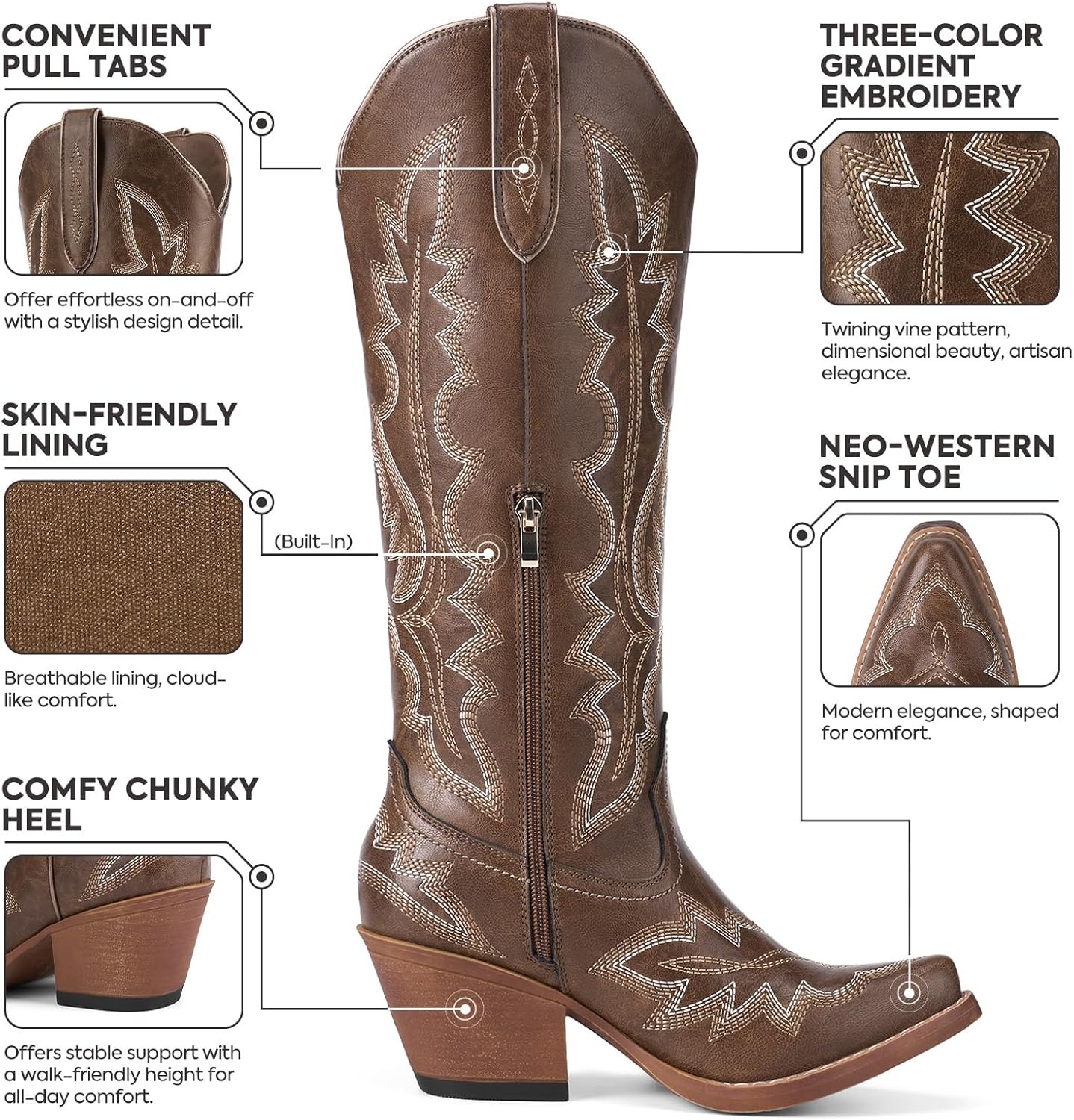 image:imageRollda Cowboy Boots for Women Knee High Cowgirl Boots Womens Classic Western Boots Snip Toe Tall Cowboy Boots Chunky Heel for Ladies Pull OnBrown 1