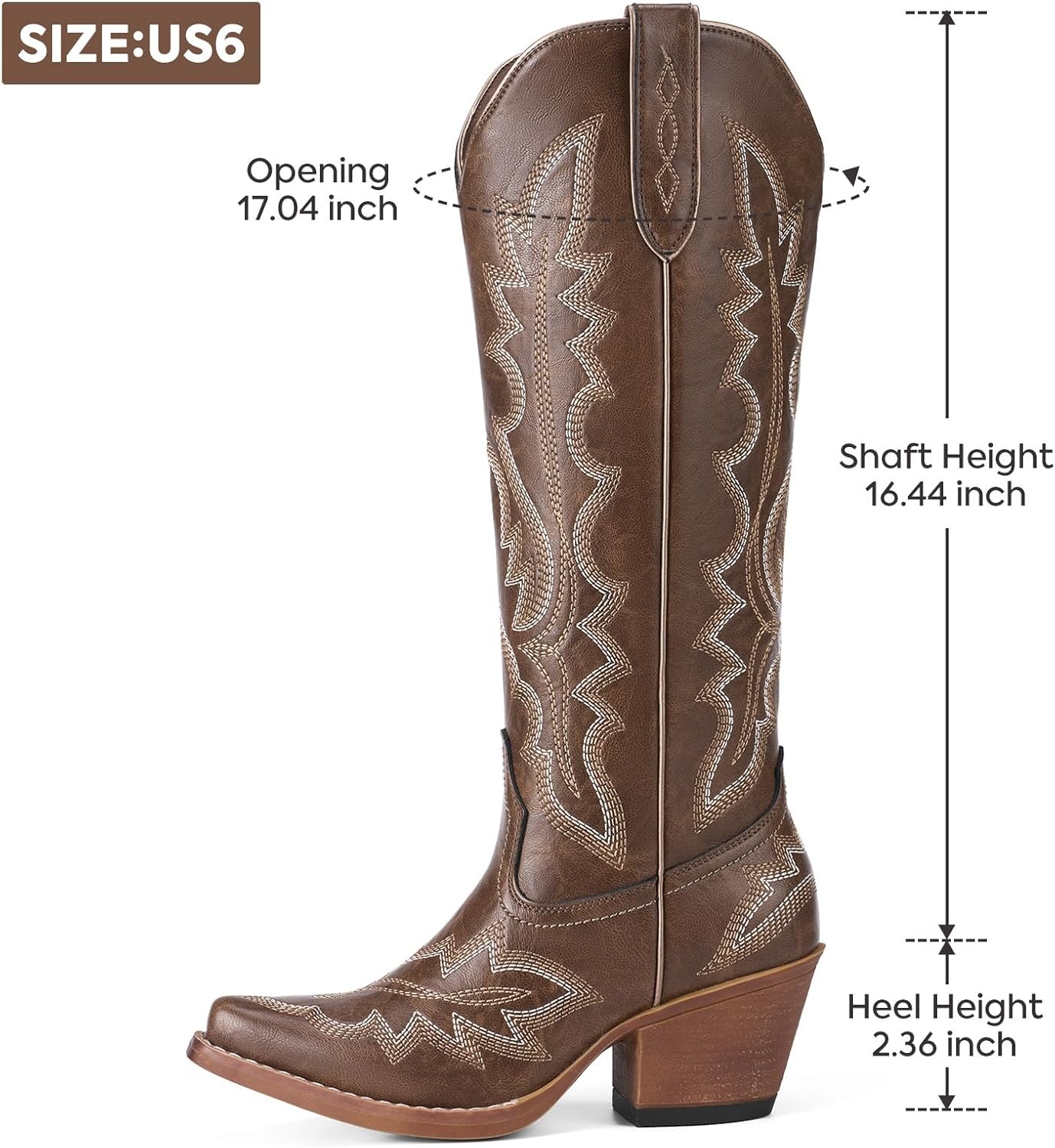 image:imageRollda Cowboy Boots for Women Knee High Cowgirl Boots Womens Classic Western Boots Snip Toe Tall Cowboy Boots Chunky Heel for Ladies Pull OnBrown 1