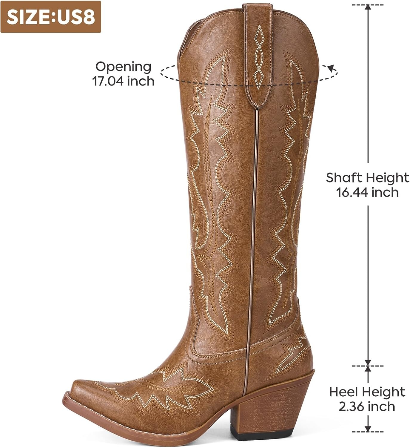 image:imageRollda Cowboy Boots for Women Knee High Cowgirl Boots Womens Classic Western Boots Snip Toe Tall Cowboy Boots Chunky Heel for Ladies Pull OnBrown 2