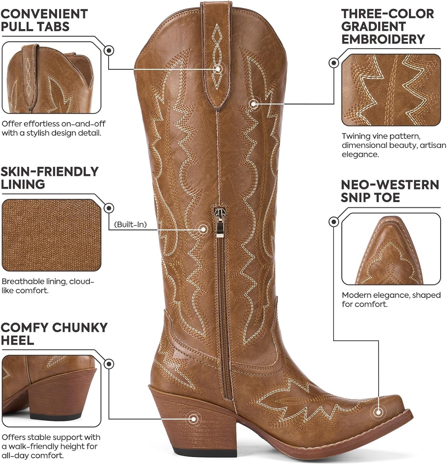 image:imageRollda Cowboy Boots for Women Knee High Cowgirl Boots Womens Classic Western Boots Snip Toe Tall Cowboy Boots Chunky Heel for Ladies Pull OnBrown 2