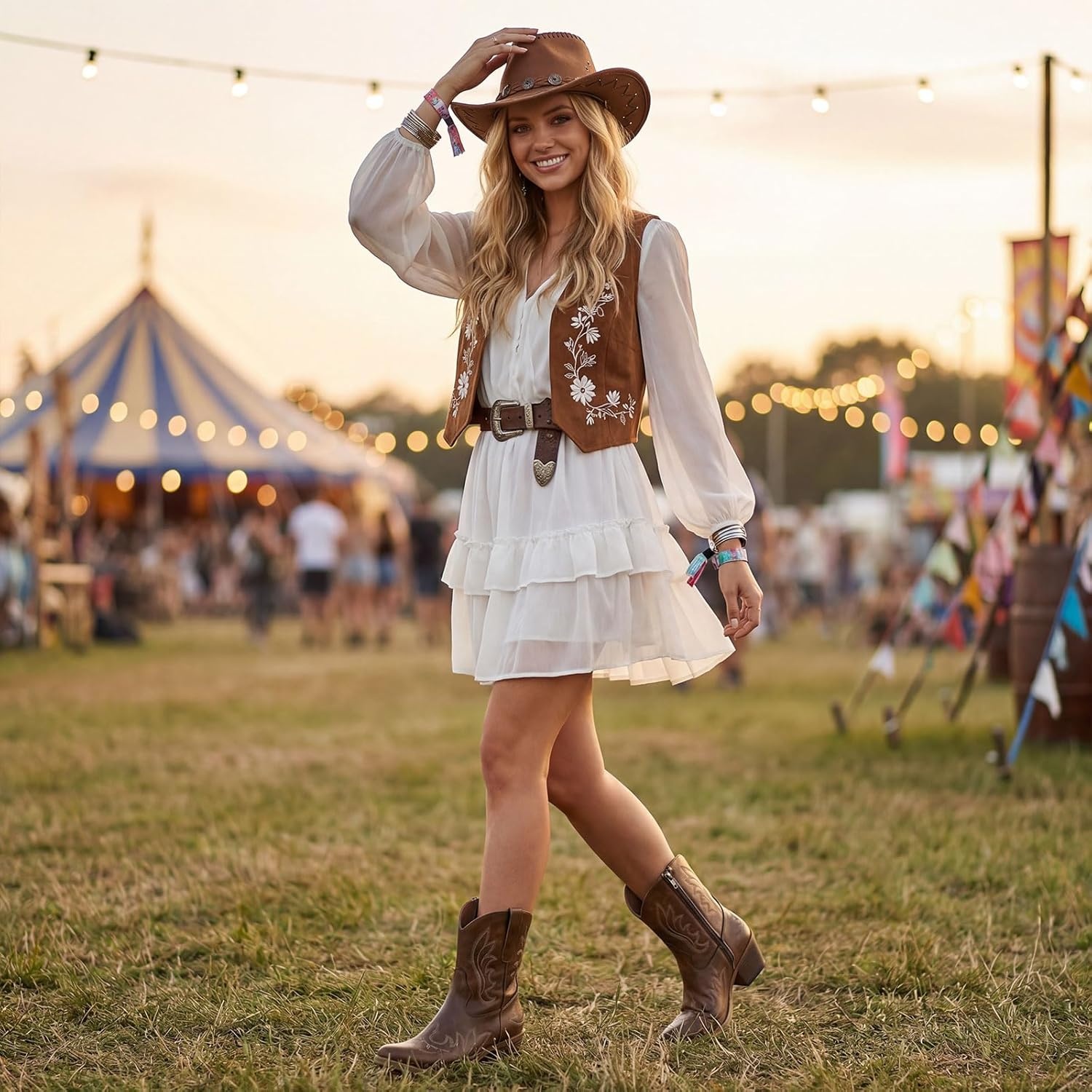 image:imageRollda Cowboy Boots for Women Short Cowgirl Booties with Side Zipper Ladies Ankle Western Boots Retro Vintage Snip Toe Chunky HeelBronze