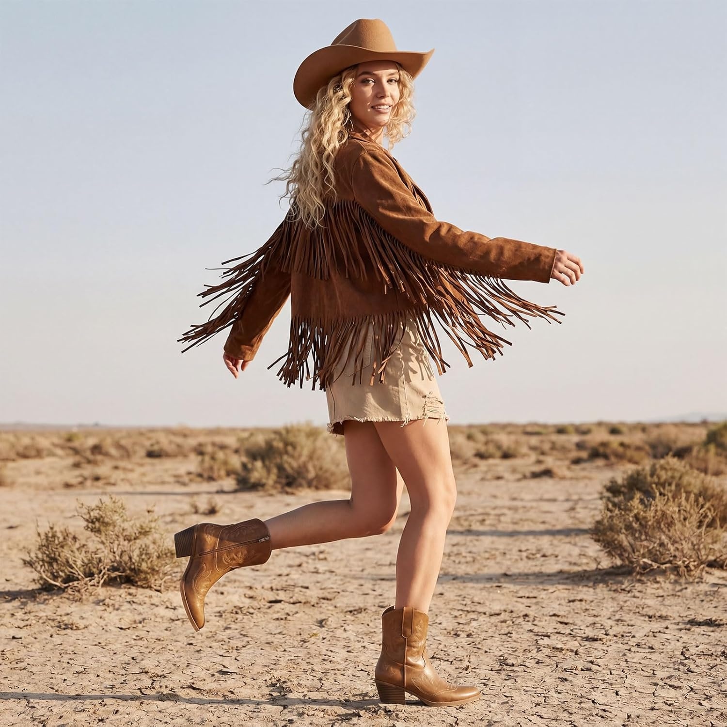 image:imageRollda Cowboy Boots for Women Short Cowgirl Booties with Side Zipper Ladies Ankle Western Boots Retro Vintage Snip Toe Chunky HeelBrown