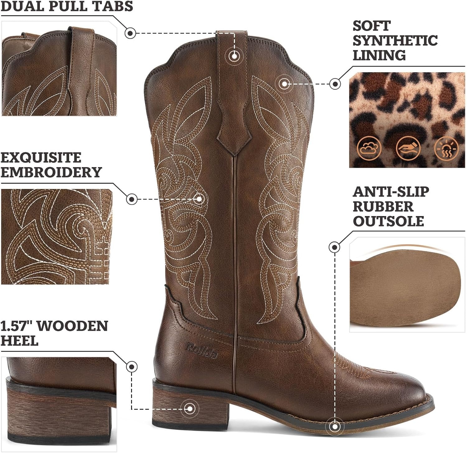image:imageRollda Cowgirl Boots Cowboy Boots for Women Square Toe Mid Calf Western Boots Ladies Fashion Boots with Chunky HeelBronze