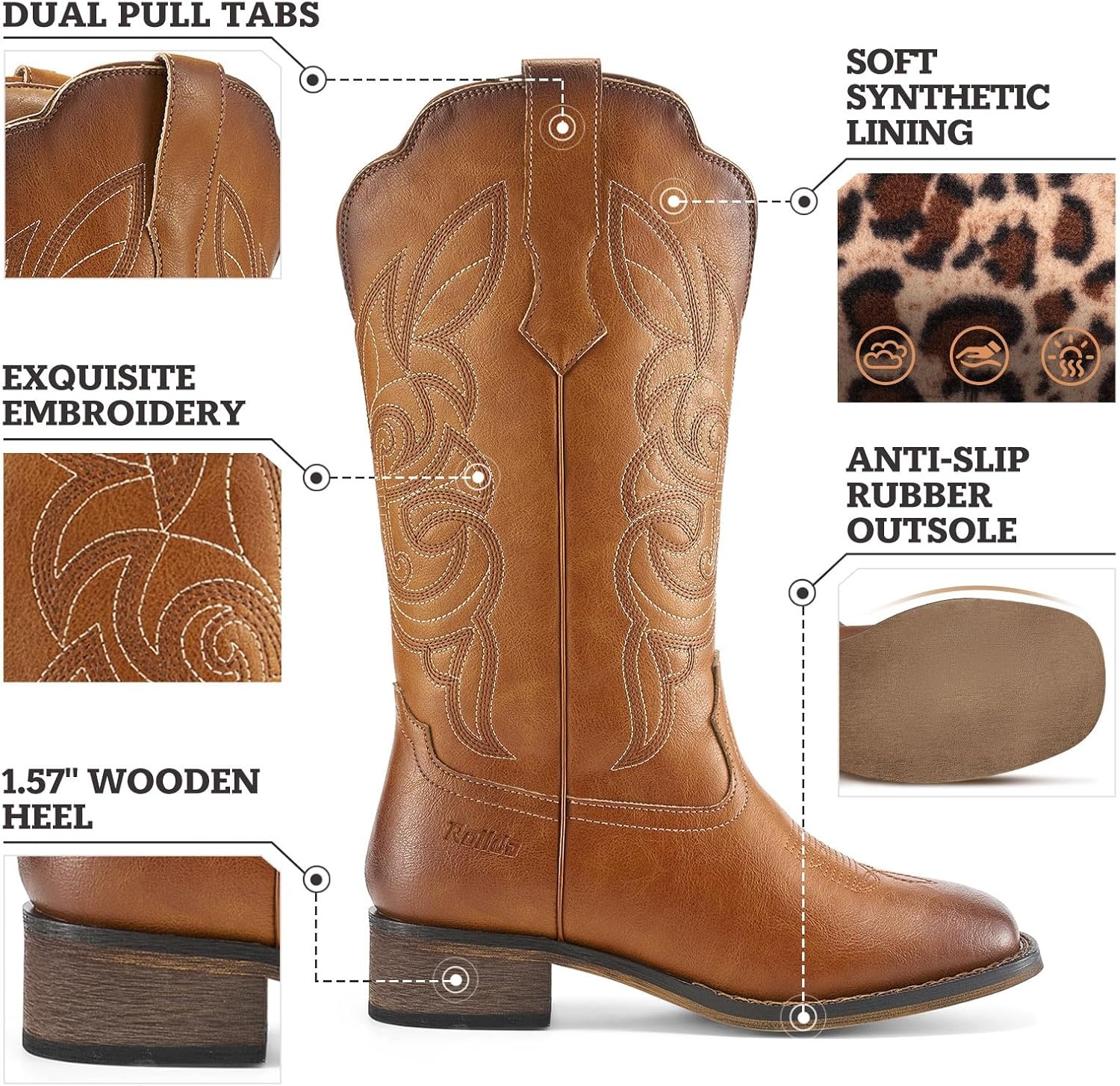 image:imageRollda Cowgirl Boots Cowboy Boots for Women Square Toe Mid Calf Western Boots Ladies Fashion Boots with Chunky HeelBrown