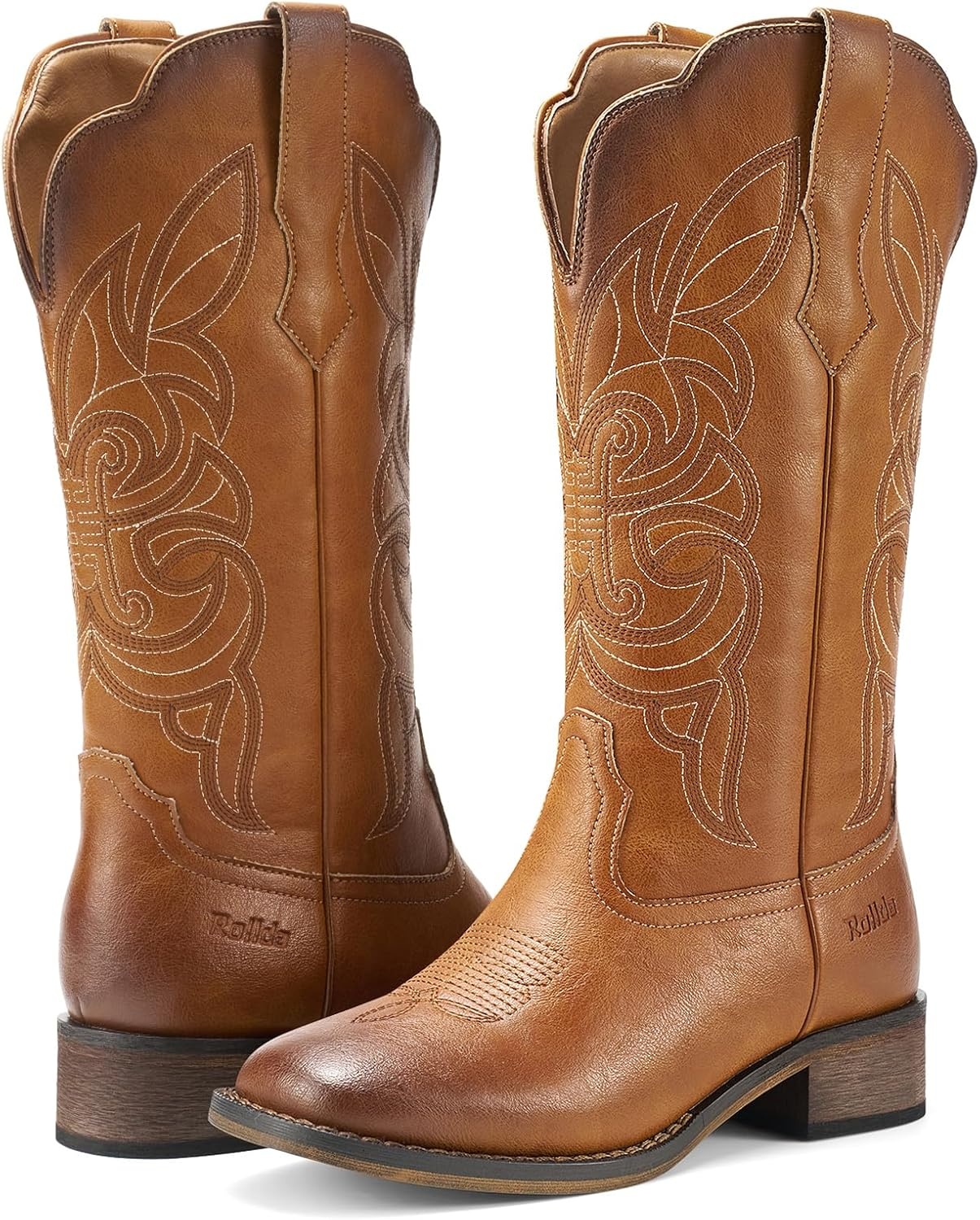 image:imageRollda Cowgirl Boots Cowboy Boots for Women Square Toe Mid Calf Western Boots Ladies Fashion Boots with Chunky HeelBrown