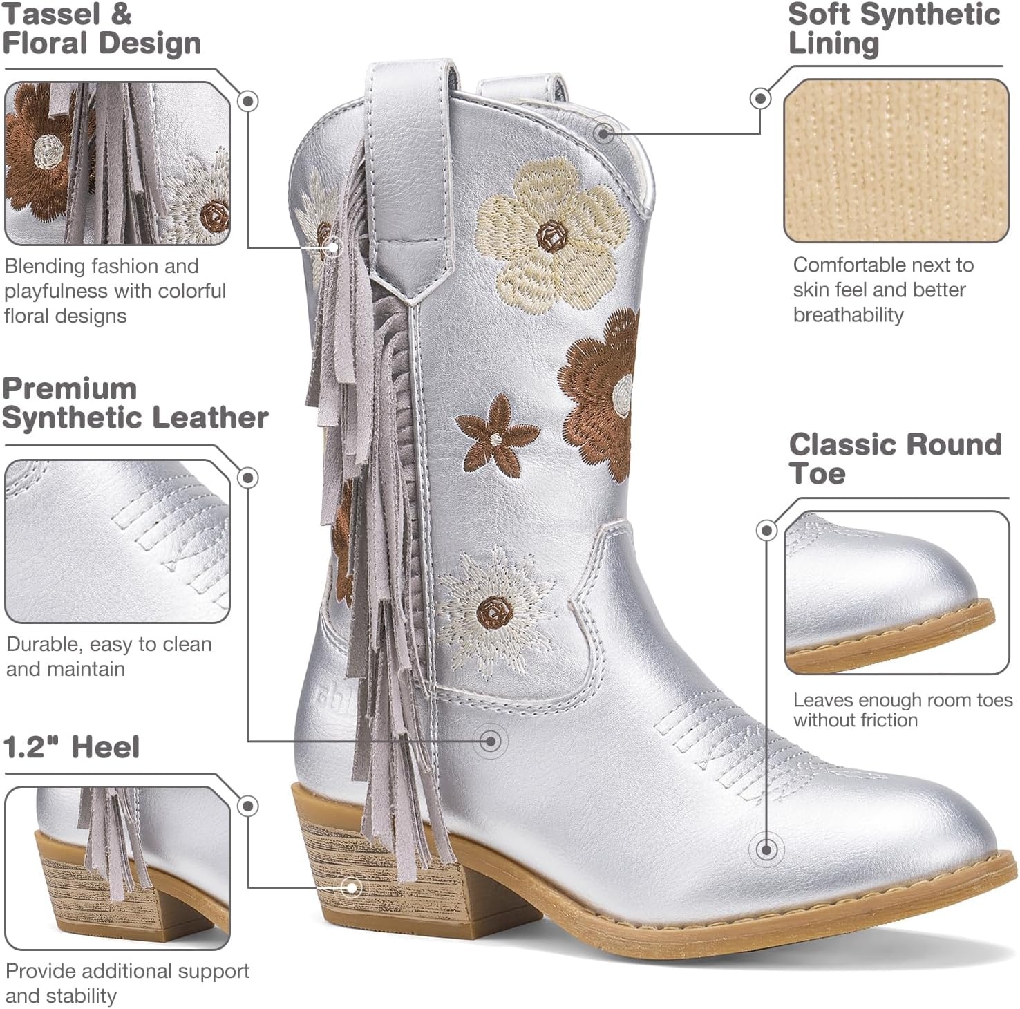image:imageRollda Girls Cowboy Boots Cowgirl Boots with Tassel Floral Embroidered Kids Western Boots for ToddlerLittle KidBig KidSilver
