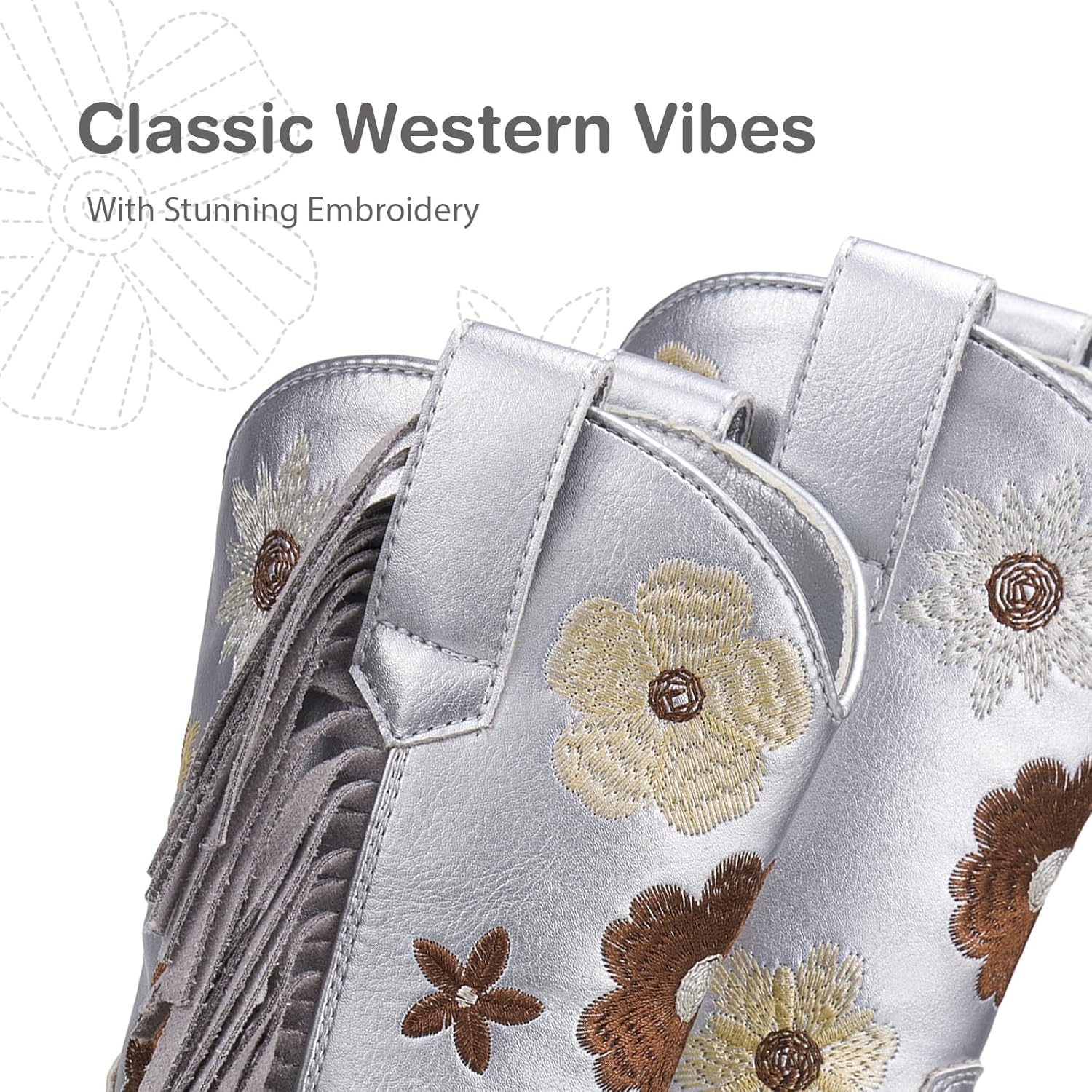image:imageRollda Girls Cowboy Boots Cowgirl Boots with Tassel Floral Embroidered Kids Western Boots for ToddlerLittle KidBig KidSilver