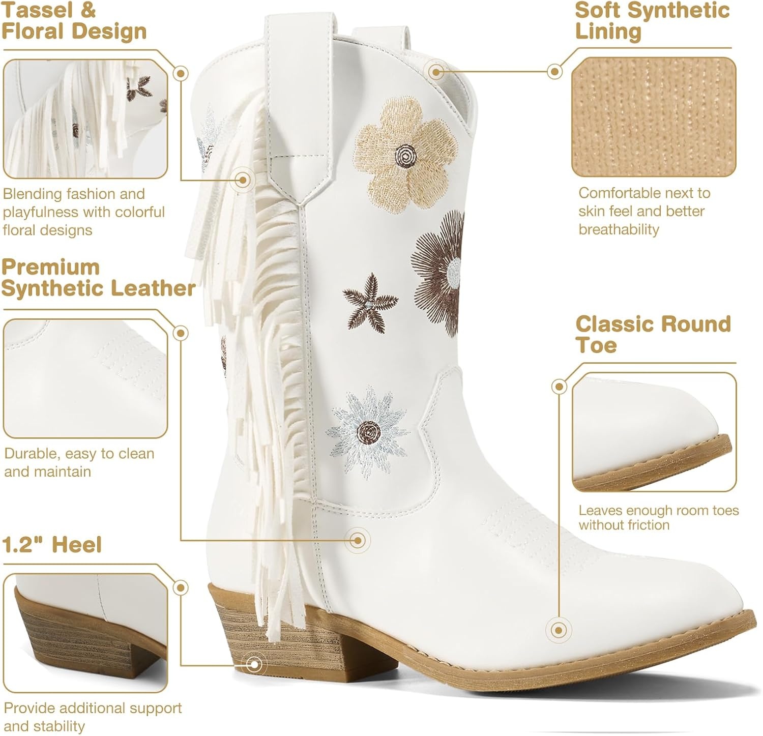 image:imageRollda Girls Cowboy Boots Cowgirl Boots with Tassel Floral Embroidered Kids Western Boots for ToddlerLittle KidBig KidWhite