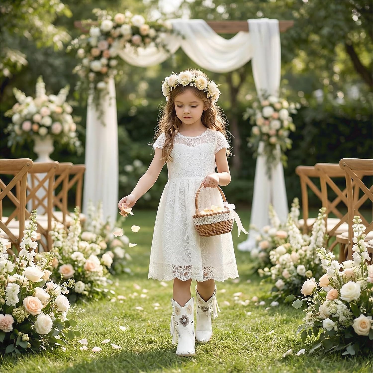 image:imageRollda Girls Cowboy Boots Cowgirl Boots with Tassel Floral Embroidered Kids Western Boots for ToddlerLittle KidBig KidWhite