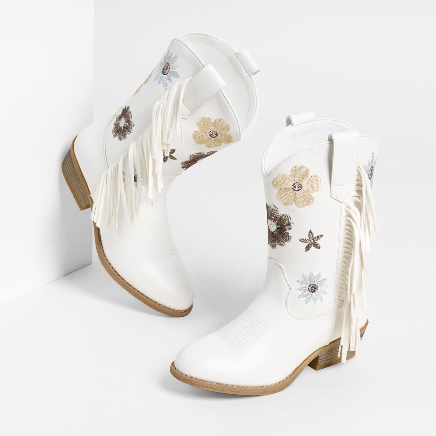 image:imageRollda Girls Cowboy Boots Cowgirl Boots with Tassel Floral Embroidered Kids Western Boots for ToddlerLittle KidBig KidWhite