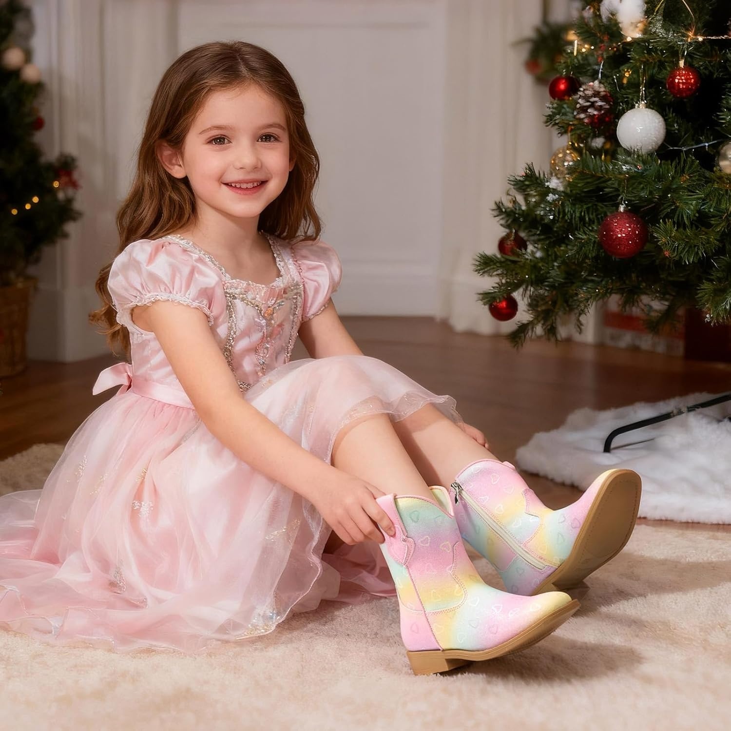 image:imageRollda Girls Cowgirl Boots Glitter Cowboy Boots with Cute Heart Sparkly Sequin Dress Boots for Birthday Party DanceToddlerLittle KidRainbow