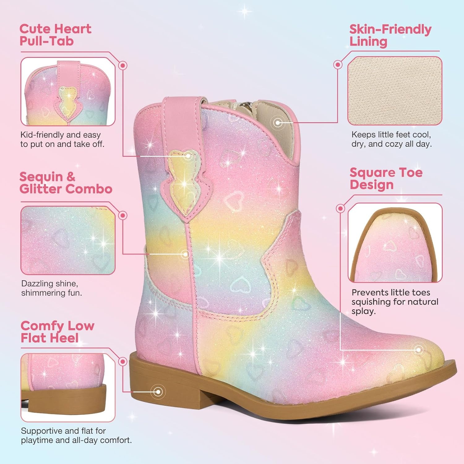 image:imageRollda Girls Cowgirl Boots Glitter Cowboy Boots with Cute Heart Sparkly Sequin Dress Boots for Birthday Party DanceToddlerLittle KidRainbow