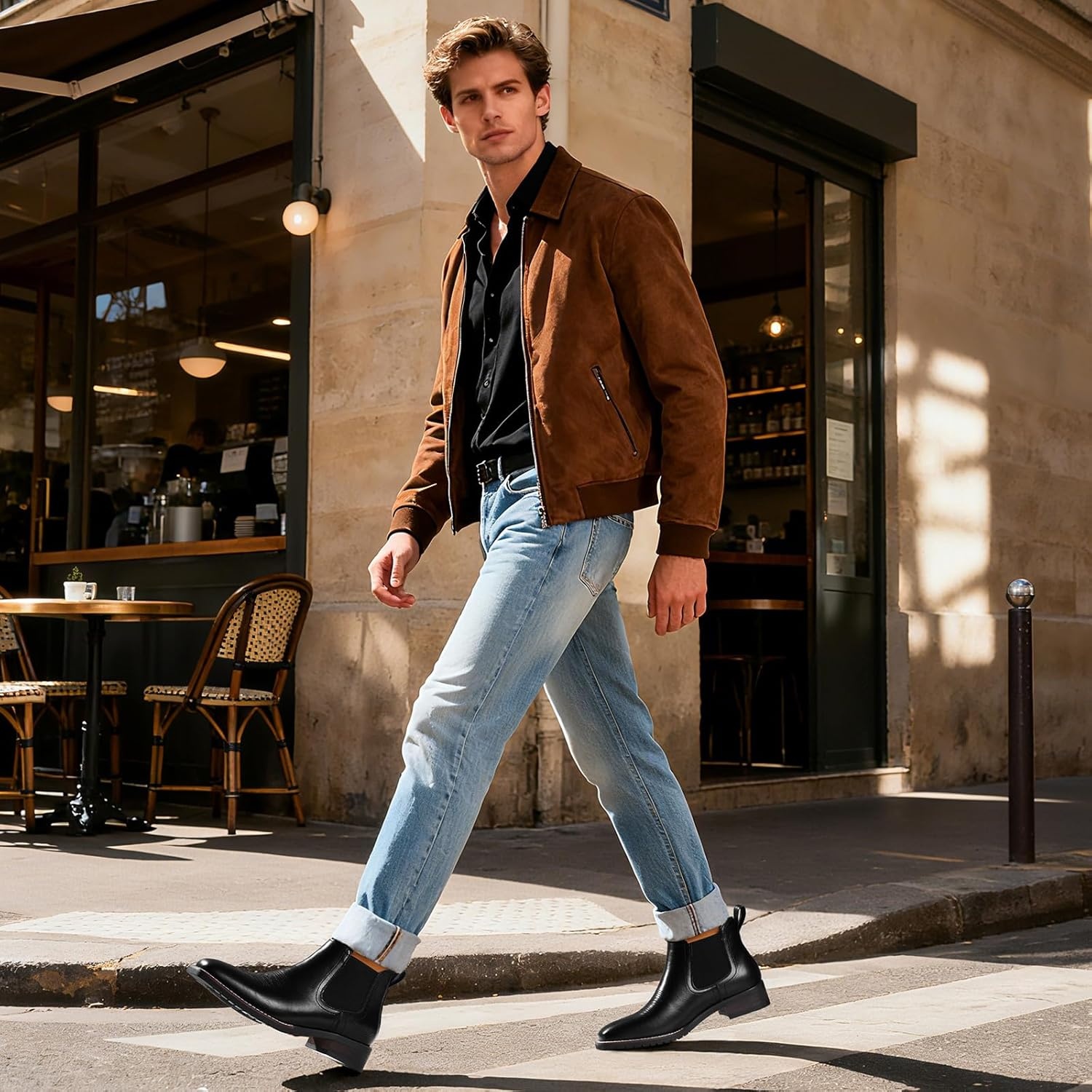 image:imageRollda Mens Chelsea Cowboy Boots Square Toe Elastic Ankle Boots for Dress Casual Short Western Chelsea Booties for MenBlack
