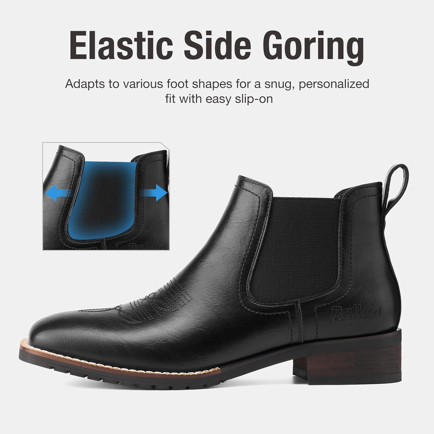 image:imageRollda Mens Chelsea Cowboy Boots Square Toe Elastic Ankle Boots for Dress Casual Short Western Chelsea Booties for MenBlack