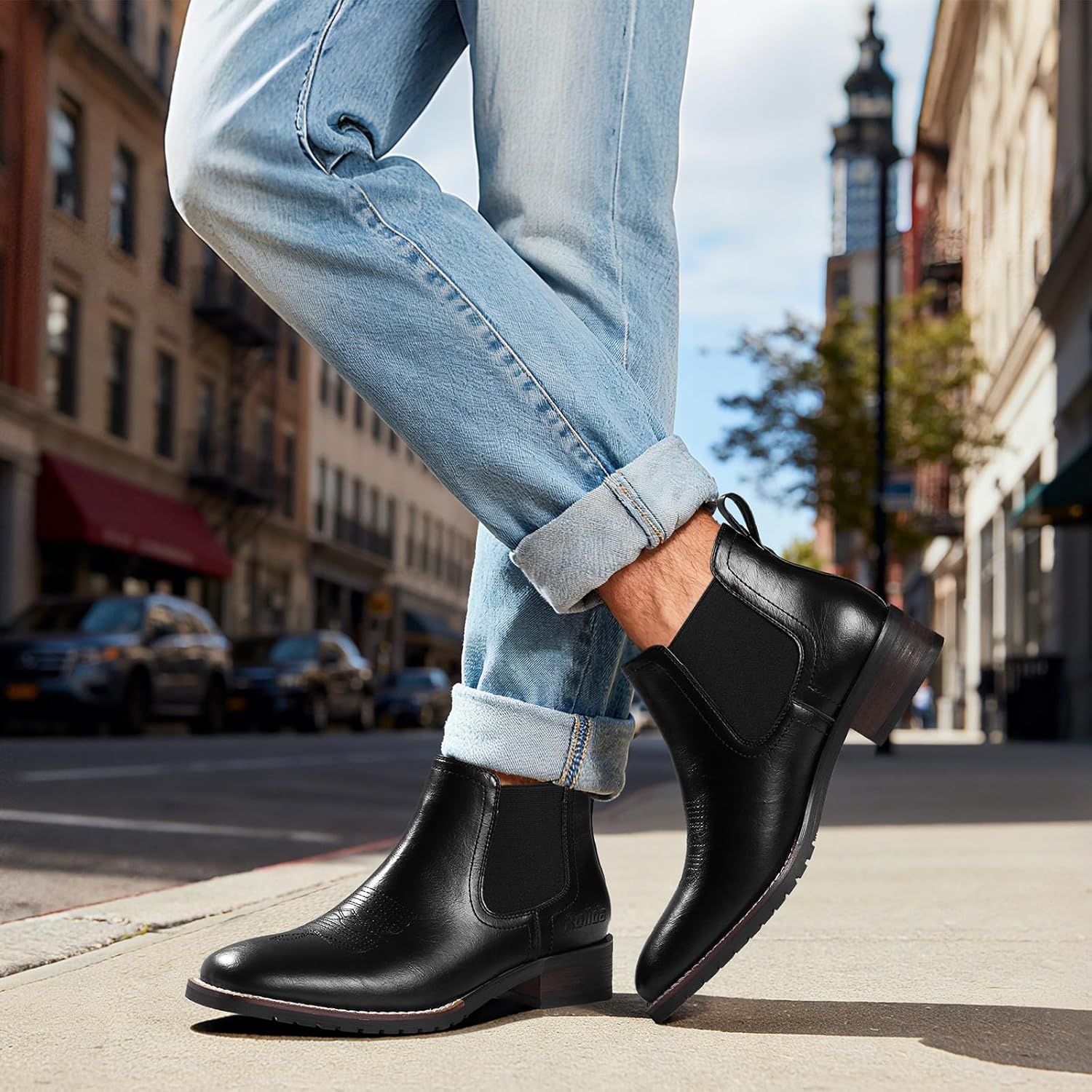 image:imageRollda Mens Chelsea Cowboy Boots Square Toe Elastic Ankle Boots for Dress Casual Short Western Chelsea Booties for MenBlack