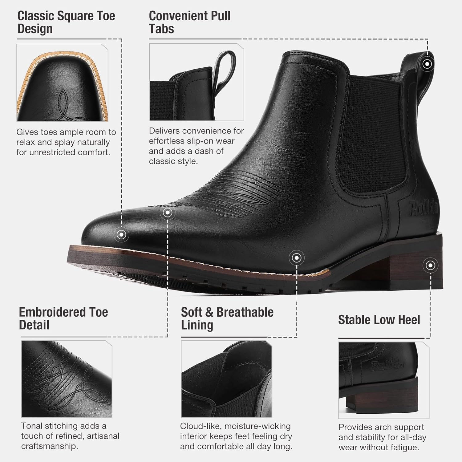 image:imageRollda Mens Chelsea Cowboy Boots Square Toe Elastic Ankle Boots for Dress Casual Short Western Chelsea Booties for MenBlack