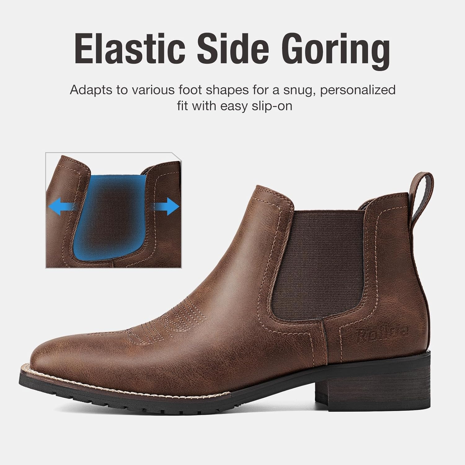 image:imageRollda Mens Chelsea Cowboy Boots Square Toe Elastic Ankle Boots for Dress Casual Short Western Chelsea Booties for MenBrown