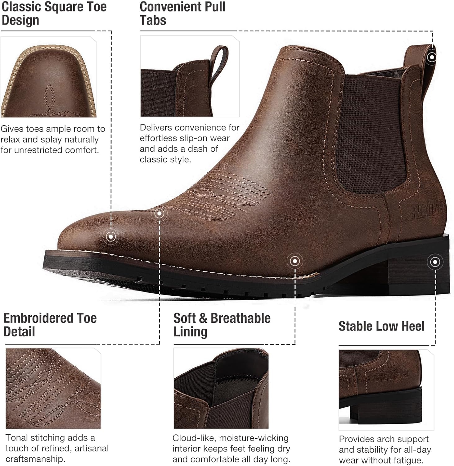 image:imageRollda Mens Chelsea Cowboy Boots Square Toe Elastic Ankle Boots for Dress Casual Short Western Chelsea Booties for MenBrown