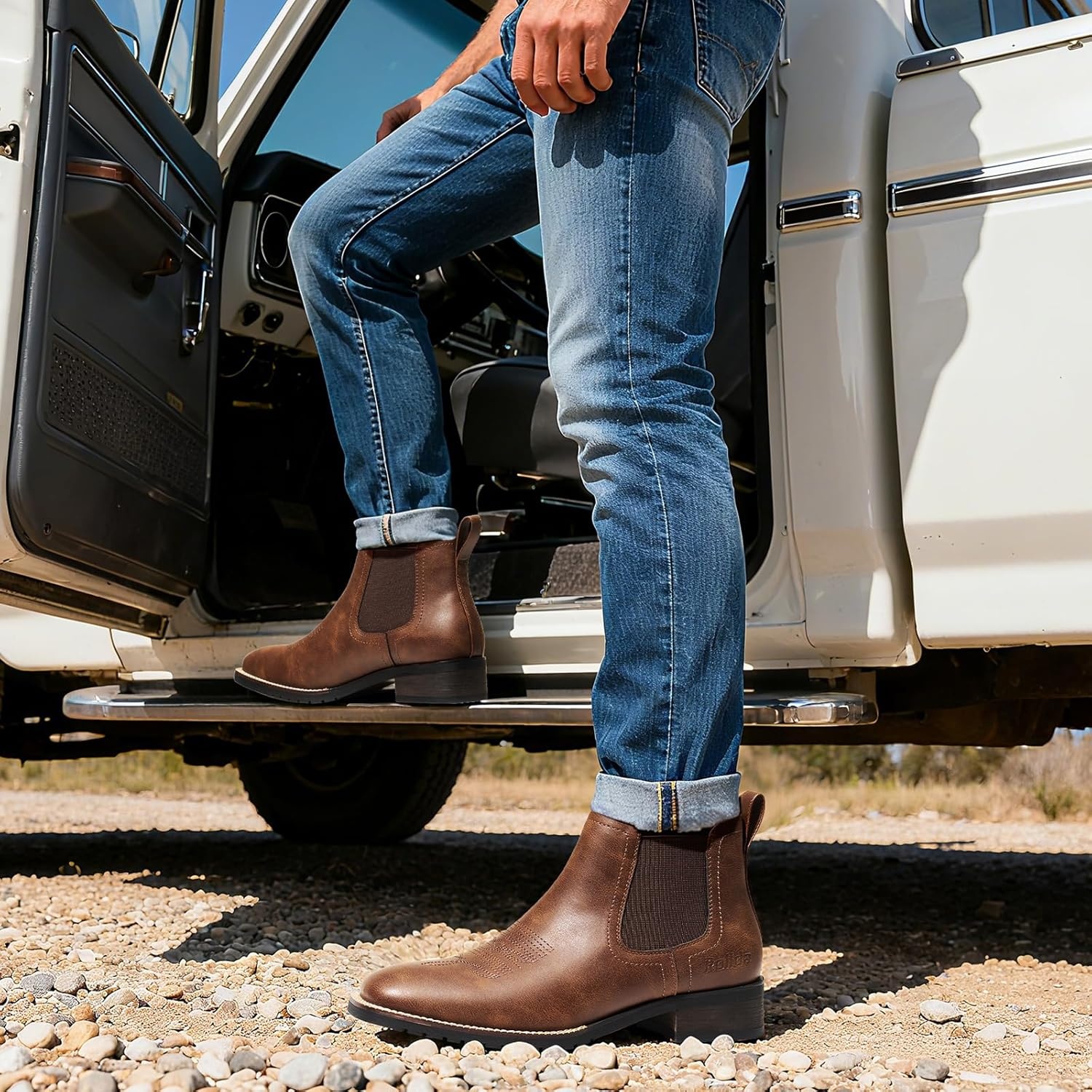 image:imageRollda Mens Chelsea Cowboy Boots Square Toe Elastic Ankle Boots for Dress Casual Short Western Chelsea Booties for MenBrown