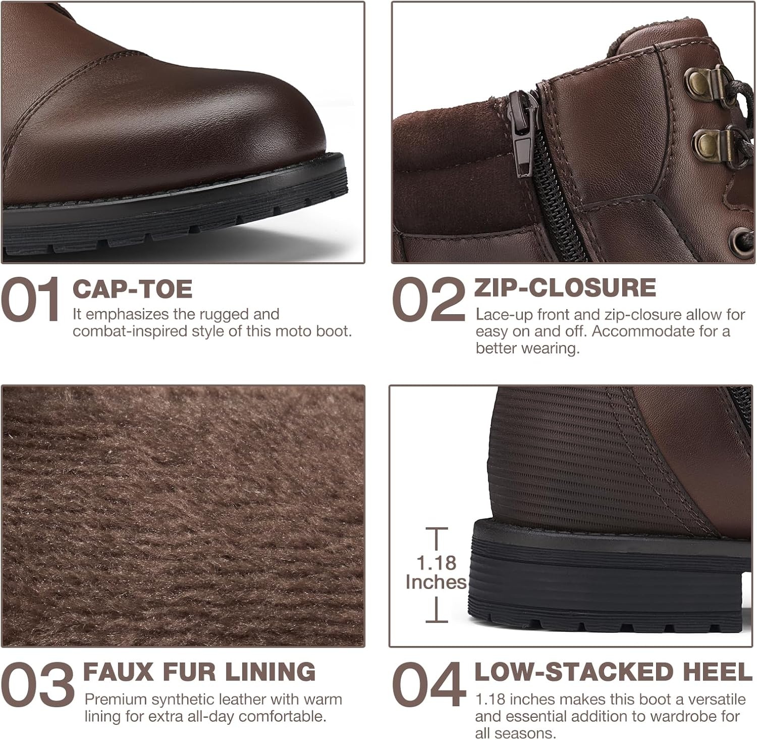 image:imageRollda Mens Motorcycle Boots Combat Boots Casual Dress Boots for Men Lace Up Cap Toe Ankle BootsBrown