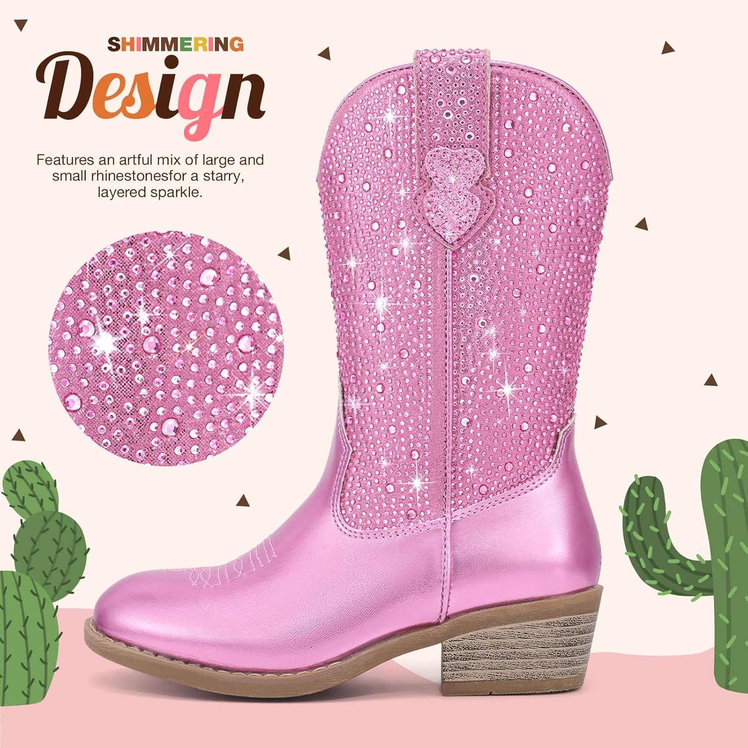 image:imageRollda Rhinestone Girls Cowgirl Boots Sparkly Cowboy Boots for Little Girls Kids Sparkle Western Boots for Toddler with Round Toe Low Heel ZipperPink