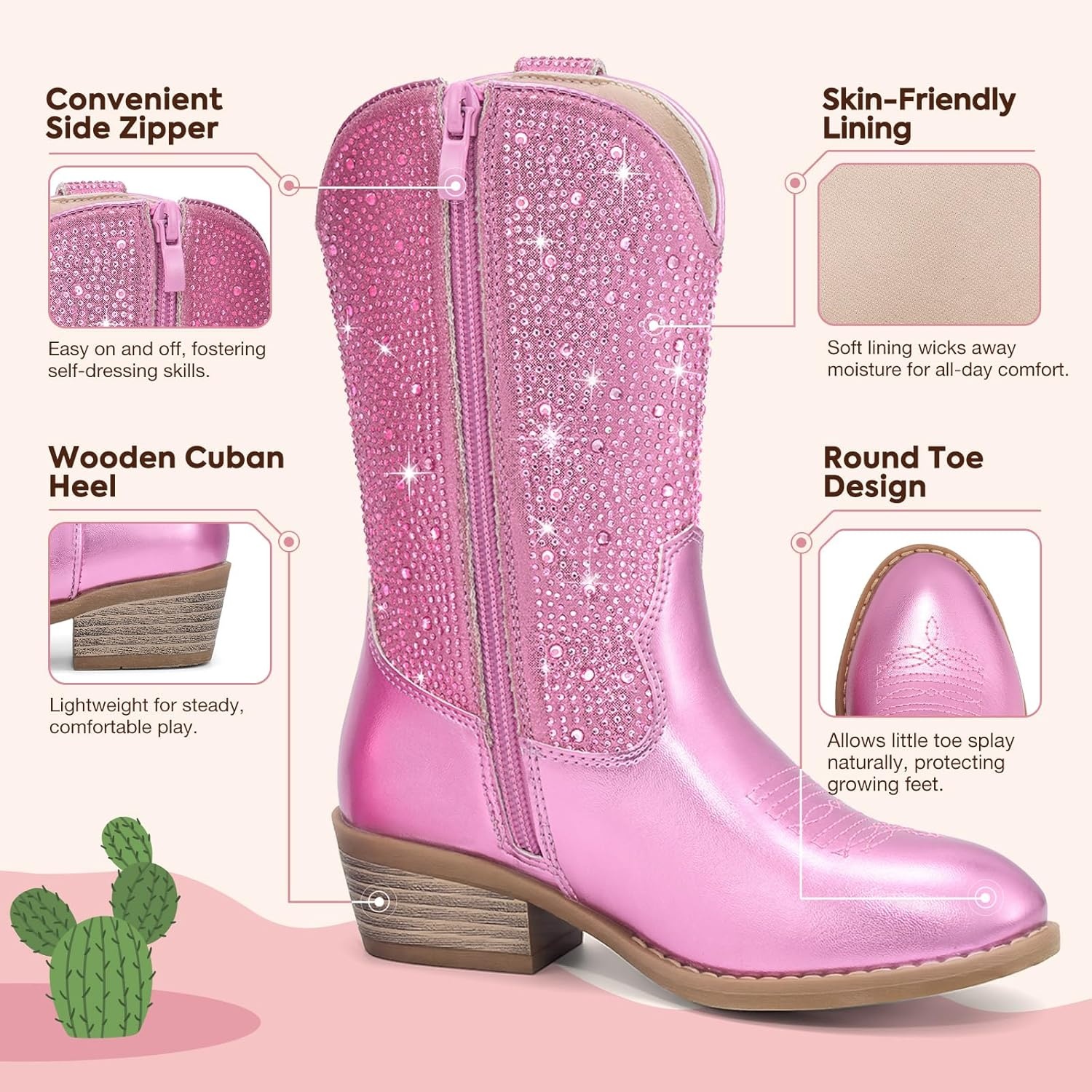 image:imageRollda Rhinestone Girls Cowgirl Boots Sparkly Cowboy Boots for Little Girls Kids Sparkle Western Boots for Toddler with Round Toe Low Heel ZipperPink