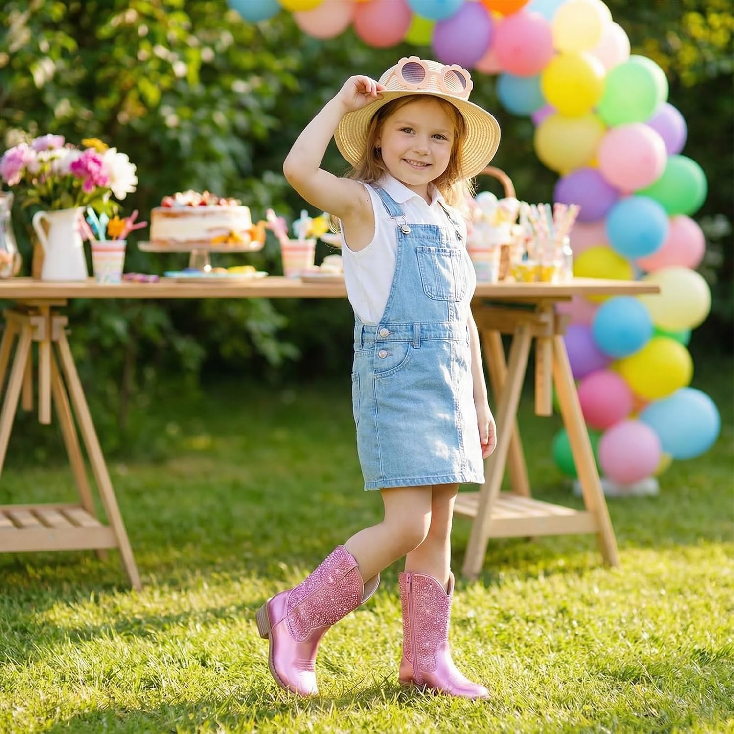 image:imageRollda Rhinestone Girls Cowgirl Boots Sparkly Cowboy Boots for Little Girls Kids Sparkle Western Boots for Toddler with Round Toe Low Heel ZipperPink