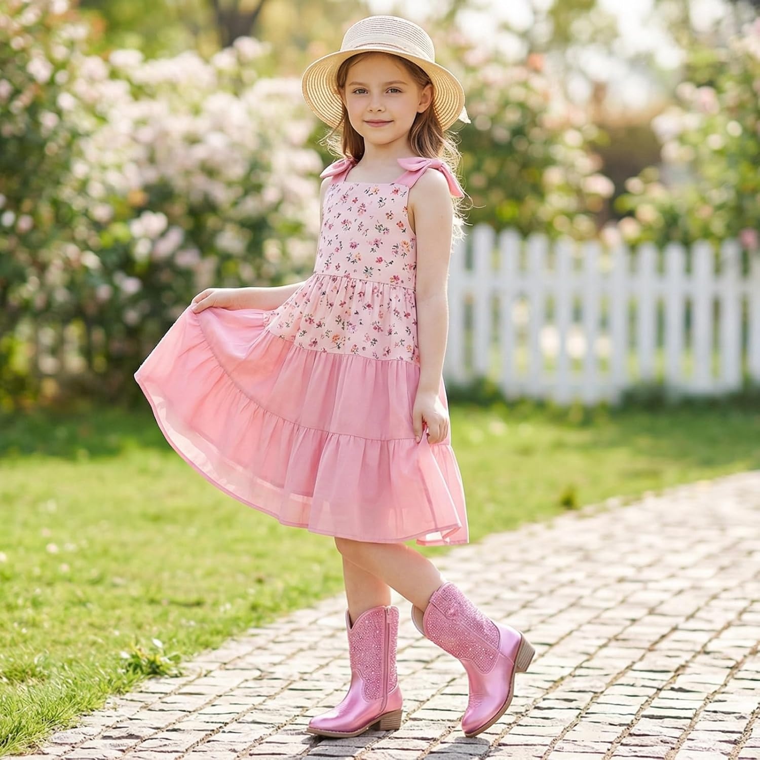 image:imageRollda Rhinestone Girls Cowgirl Boots Sparkly Cowboy Boots for Little Girls Kids Sparkle Western Boots for Toddler with Round Toe Low Heel ZipperPink