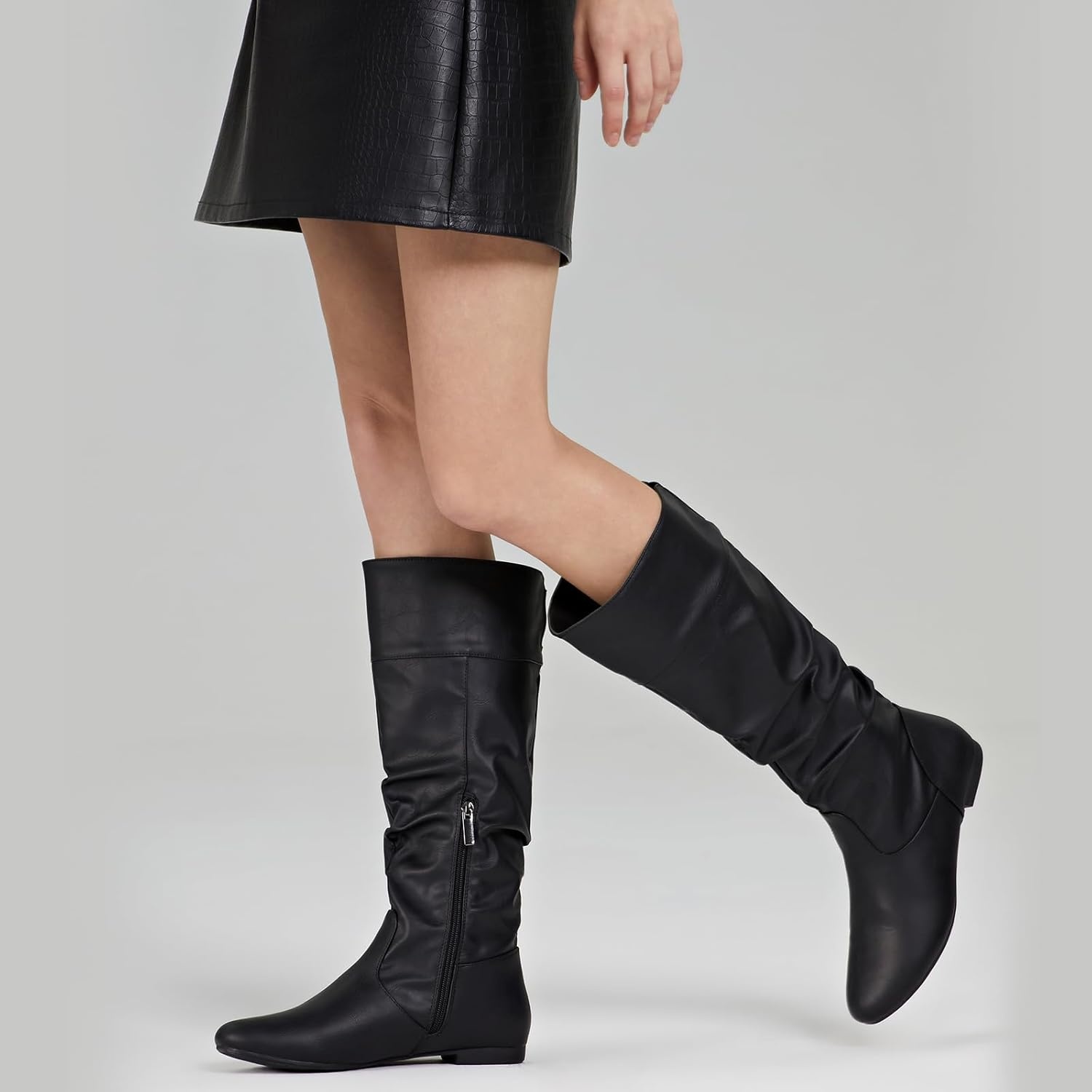 image:imageRollda SUEDI Womens Slouchy Knee High Boots Pull On Flat Boots Side Zipper Fall Boots for Women