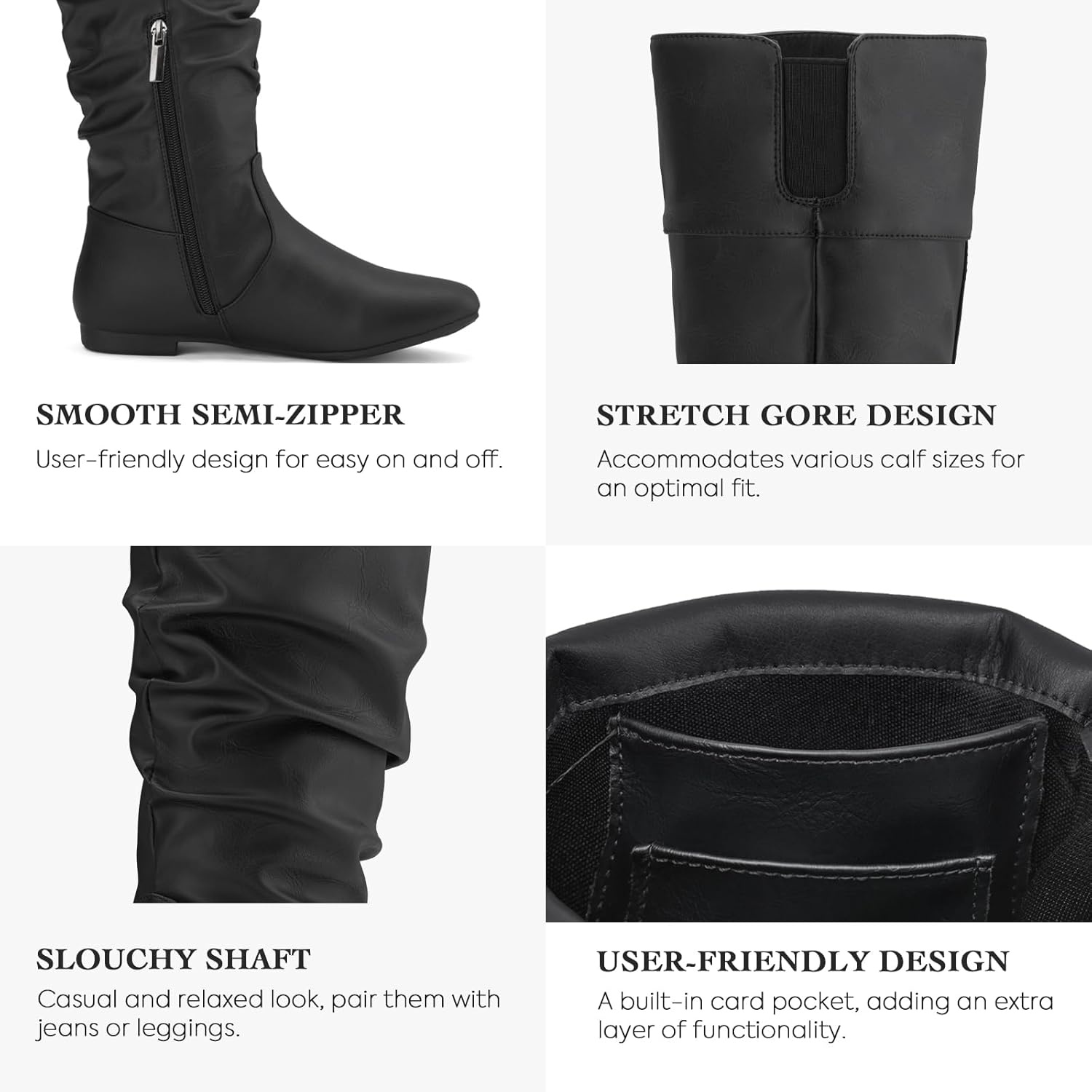 image:imageRollda SUEDI Womens Slouchy Knee High Boots Pull On Flat Boots Side Zipper Fall Boots for Women
