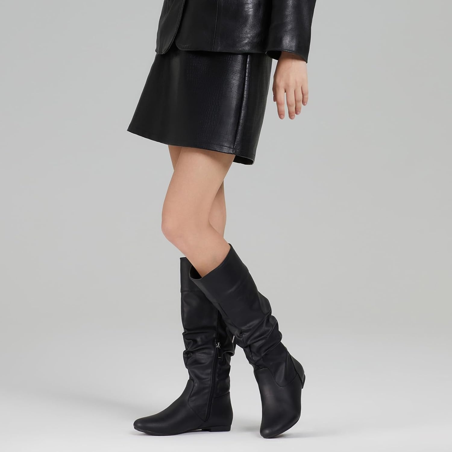 image:imageRollda SUEDI Womens Slouchy Knee High Boots Pull On Flat Boots Side Zipper Fall Boots for Women